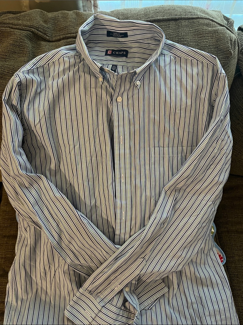 Chaps Men's Blue and White Vertical Stripe Button-Down Shirt